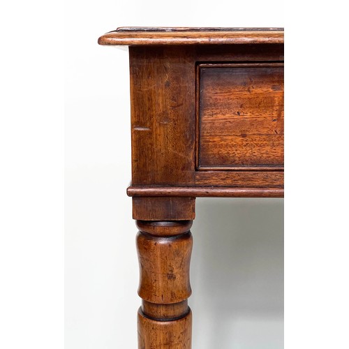 213 - WRITING TABLE, George III figured mahogany with full width frieze drawer and turned supports, 76cm W... 