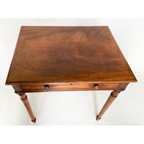 213 - WRITING TABLE, George III figured mahogany with full width frieze drawer and turned supports, 76cm W... 