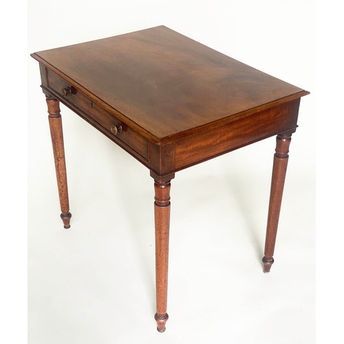 213 - WRITING TABLE, George III figured mahogany with full width frieze drawer and turned supports, 76cm W... 