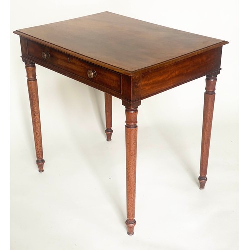 213 - WRITING TABLE, George III figured mahogany with full width frieze drawer and turned supports, 76cm W... 