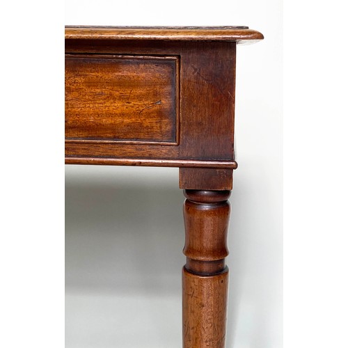 213 - WRITING TABLE, George III figured mahogany with full width frieze drawer and turned supports, 76cm W... 