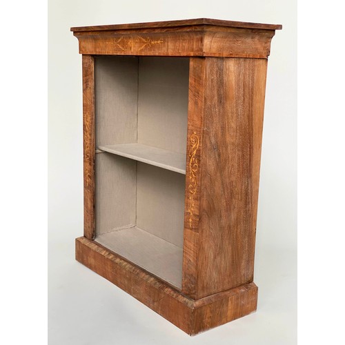 205 - OPEN BOOKCASE, 19th century walnut and marquetry with shelf, 100cm H x 33cm x 81cm.