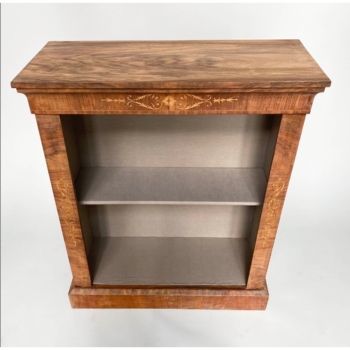 205 - OPEN BOOKCASE, 19th century walnut and marquetry with shelf, 100cm H x 33cm x 81cm.