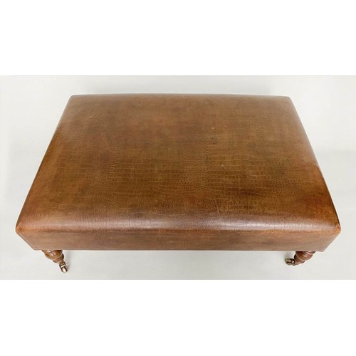 197 - HEARTH STOOL, rectangular country house style grained mid brown leather on turned tapering supports,... 