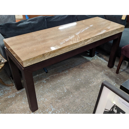 434 - ANDREW MARTIN TABLE, 160cm L x 77cm H x 56cm D with a rectangular marble top on a base.