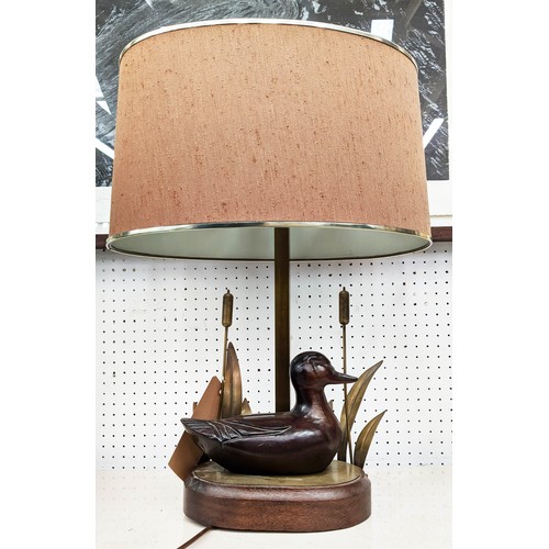 430 - TABLE LAMP, in the form of a duck swimming by reeds, with shade 56cm H.