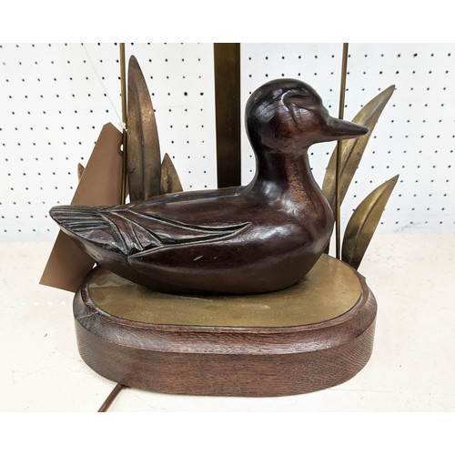 430 - TABLE LAMP, in the form of a duck swimming by reeds, with shade 56cm H.