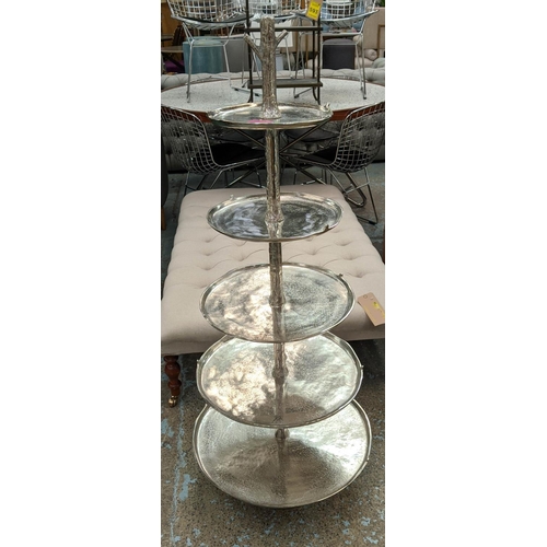 444 - PATISSERIE DISPLAY STAND, polished metal, five tier, 134cm x 54cm.