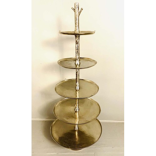 444 - PATISSERIE DISPLAY STAND, polished metal, five tier, 134cm x 54cm.