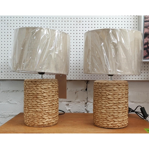 373 - TABLE LAMPS, a pair, 47cm H, ceramic, faux seagrass design, with shades. (2)