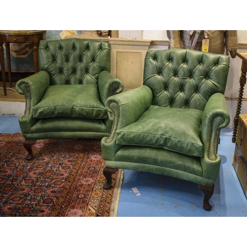 222 - ARMCHAIRS, 89cm H x 86cm, a pair, Georgian style in green leather. (2)