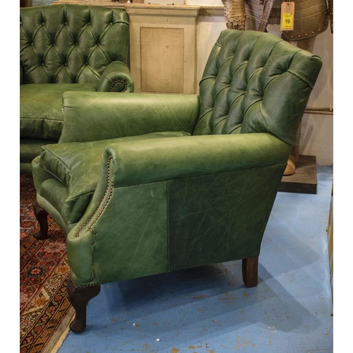 222 - ARMCHAIRS, 89cm H x 86cm, a pair, Georgian style in green leather. (2)