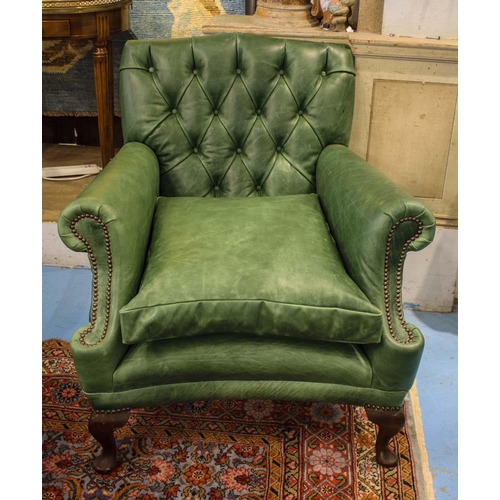 222 - ARMCHAIRS, 89cm H x 86cm, a pair, Georgian style in green leather. (2)