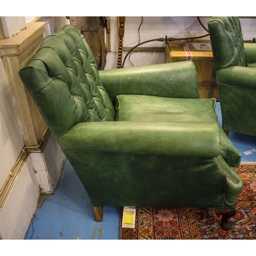 222 - ARMCHAIRS, 89cm H x 86cm, a pair, Georgian style in green leather. (2)