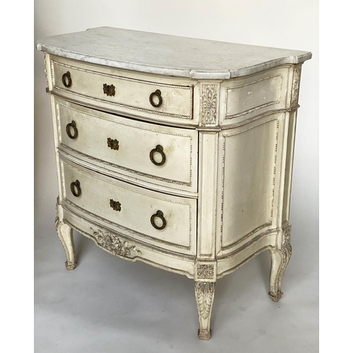 228 - COMMODES, a pair, 19th century French bowfronted with original grey paint each with three drawers an... 