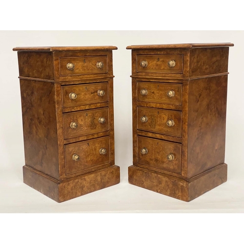 232 - BEDSIDE CHESTS, a pair, 19th century style burr walnut and crossbanded each with four drawers, 37cm ... 