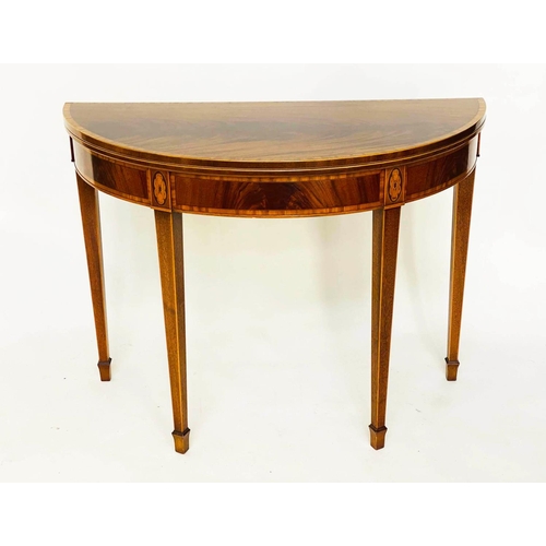 233 - TEA TABLE, George III design flame mahogany foldover demi lune and satinwood crossbanded with square... 