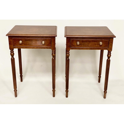 238 - LAMP TABLES, a pair, Regency style burr walnut and crossbanded each with drawer and reeded tapering ... 