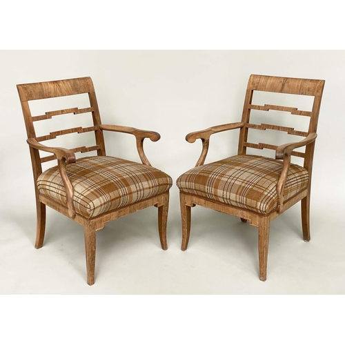 239 - ARMCHAIRS, a pair, Art Deco walnut each with stepped ladder back and woven linen check upholstery, 6... 