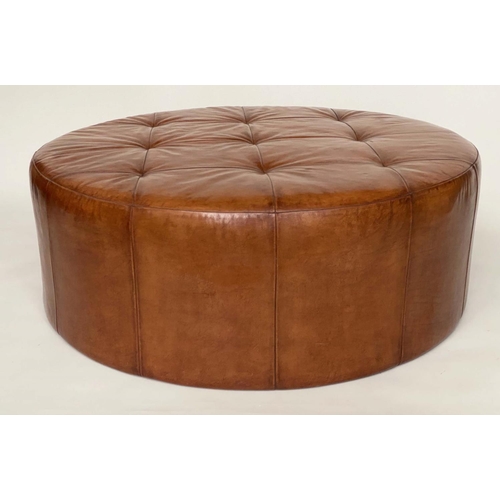 240 - CENTRE STOOL, circular buttoned tan brown leather, 109cm W x 42cm H.