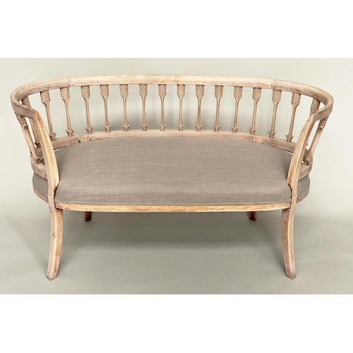 243 - HALL SEAT, early 20th century beechwood framed with arrow railed enclosing back and spring upholster... 