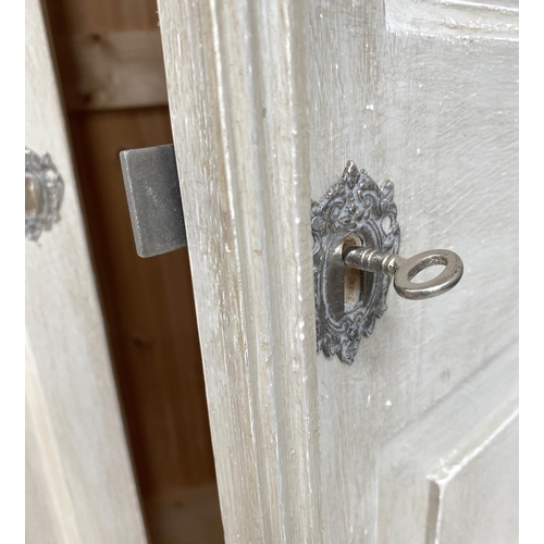 247 - ARMOIRE, French traditionally grey painted and silvered metal mounted with two panelled doors and dr... 