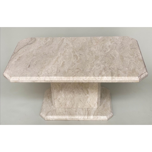 252 - LOW TABLE, 1970's Italian travertine marble rectangular canted with plinth support, 100cm x 60cm x 5... 