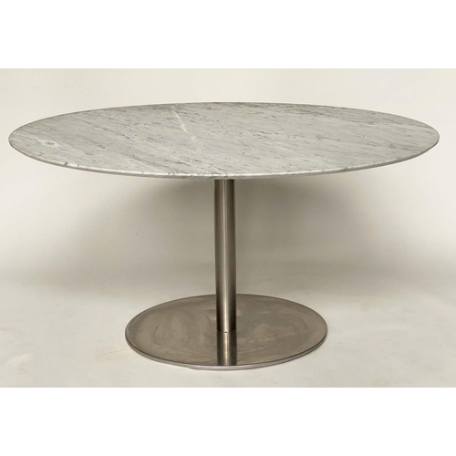 378 - BREAKFAST TABLE, oval, chamfered white marble top on polished steel cylindrical support, 140cm x 85c... 