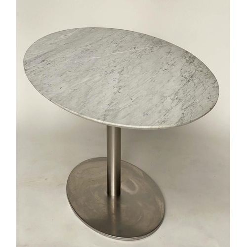 378 - BREAKFAST TABLE, oval, chamfered white marble top on polished steel cylindrical support, 140cm x 85c... 