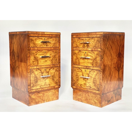 381 - ART DECO BEDSIDE CHESTS, a pair, burr walnut each with three drawers and chromium handles, 33cm x 33... 