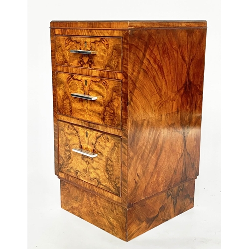 381 - ART DECO BEDSIDE CHESTS, a pair, burr walnut each with three drawers and chromium handles, 33cm x 33... 