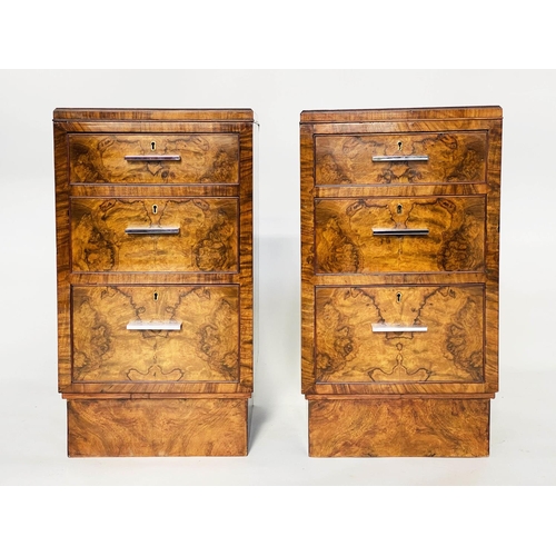 381 - ART DECO BEDSIDE CHESTS, a pair, burr walnut each with three drawers and chromium handles, 33cm x 33... 