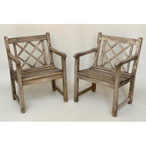 383 - ALEXANDER ROSE GARDEN ARMCHAIRS, a pair, weathered teak each slatted with lattice back, 48cm W. (2)