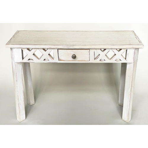 384 - SIDE TABLE, orangery style grey painted mirror backed lattice frieze and drawer, 106cm x 38cm x 76cm... 