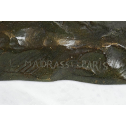 109 - BRONZE 'GUERRIER BLESSE' LUCA MADRASSI (1848-1919) with green patination. 52cm L x 33cm H