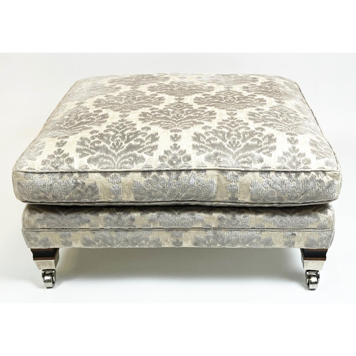 142 - DURESTA CENTRE STOOL, damask upholstered raised on square supports and castors, 45cm H x 93cm x 93cm... 