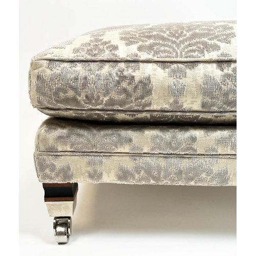 142 - DURESTA CENTRE STOOL, damask upholstered raised on square supports and castors, 45cm H x 93cm x 93cm... 