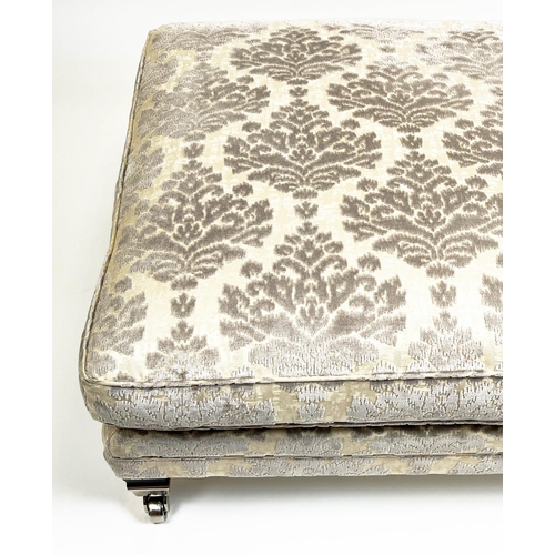 142 - DURESTA CENTRE STOOL, damask upholstered raised on square supports and castors, 45cm H x 93cm x 93cm... 