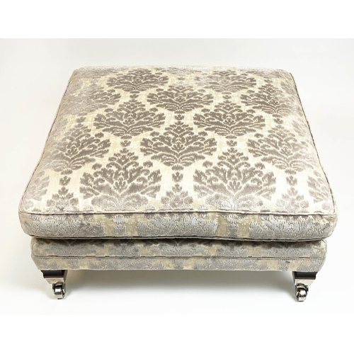 142 - DURESTA CENTRE STOOL, damask upholstered raised on square supports and castors, 45cm H x 93cm x 93cm... 