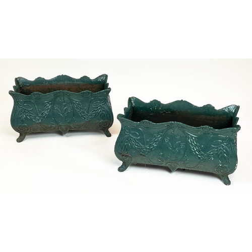148 - PLANTERS, a pair, 19th century French green painted cast iron, 34cm H x 60cm. (2)