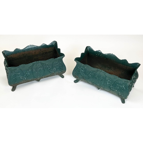 148 - PLANTERS, a pair, 19th century French green painted cast iron, 34cm H x 60cm. (2)