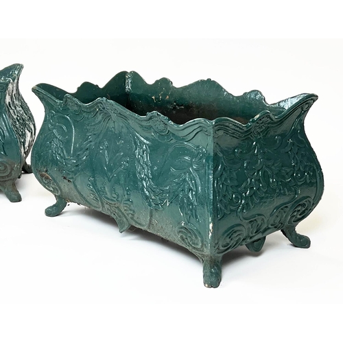 148 - PLANTERS, a pair, 19th century French green painted cast iron, 34cm H x 60cm. (2)
