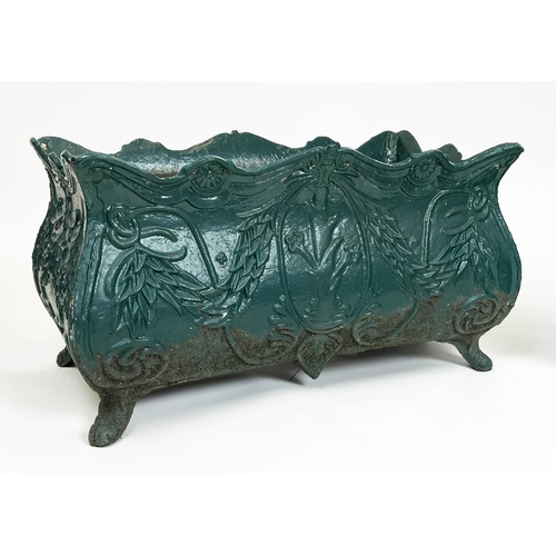 148 - PLANTERS, a pair, 19th century French green painted cast iron, 34cm H x 60cm. (2)