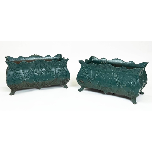 148 - PLANTERS, a pair, 19th century French green painted cast iron, 34cm H x 60cm. (2)