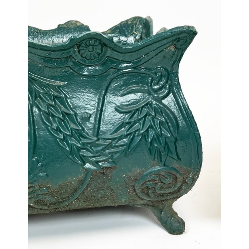148 - PLANTERS, a pair, 19th century French green painted cast iron, 34cm H x 60cm. (2)