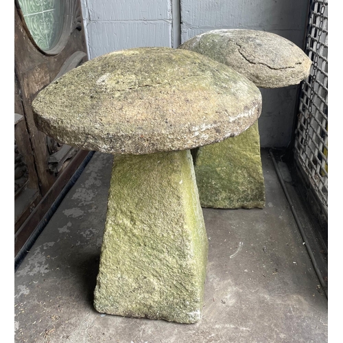 150 - STADDLE STONES, two with weathered finish, tallest 80cm H x 60cm diam. (2)