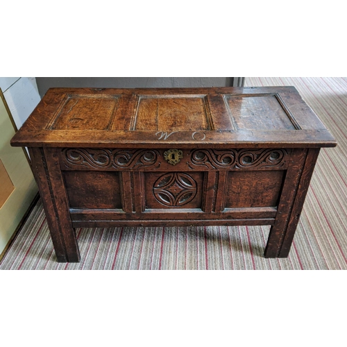 152 - 17TH CENTURY OAK COFFER, jointed construction, original carved frieze and central panel, initialled ... 
