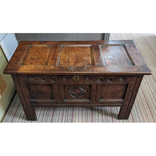152 - 17TH CENTURY OAK COFFER, jointed construction, original carved frieze and central panel, initialled ... 