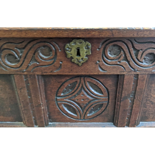 152 - 17TH CENTURY OAK COFFER, jointed construction, original carved frieze and central panel, initialled ... 
