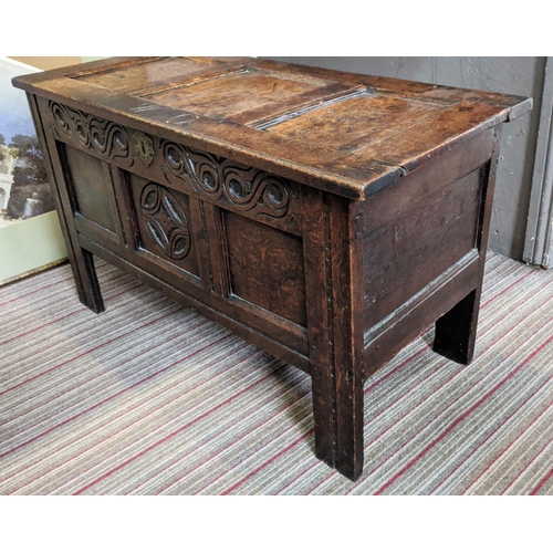 152 - 17TH CENTURY OAK COFFER, jointed construction, original carved frieze and central panel, initialled ... 